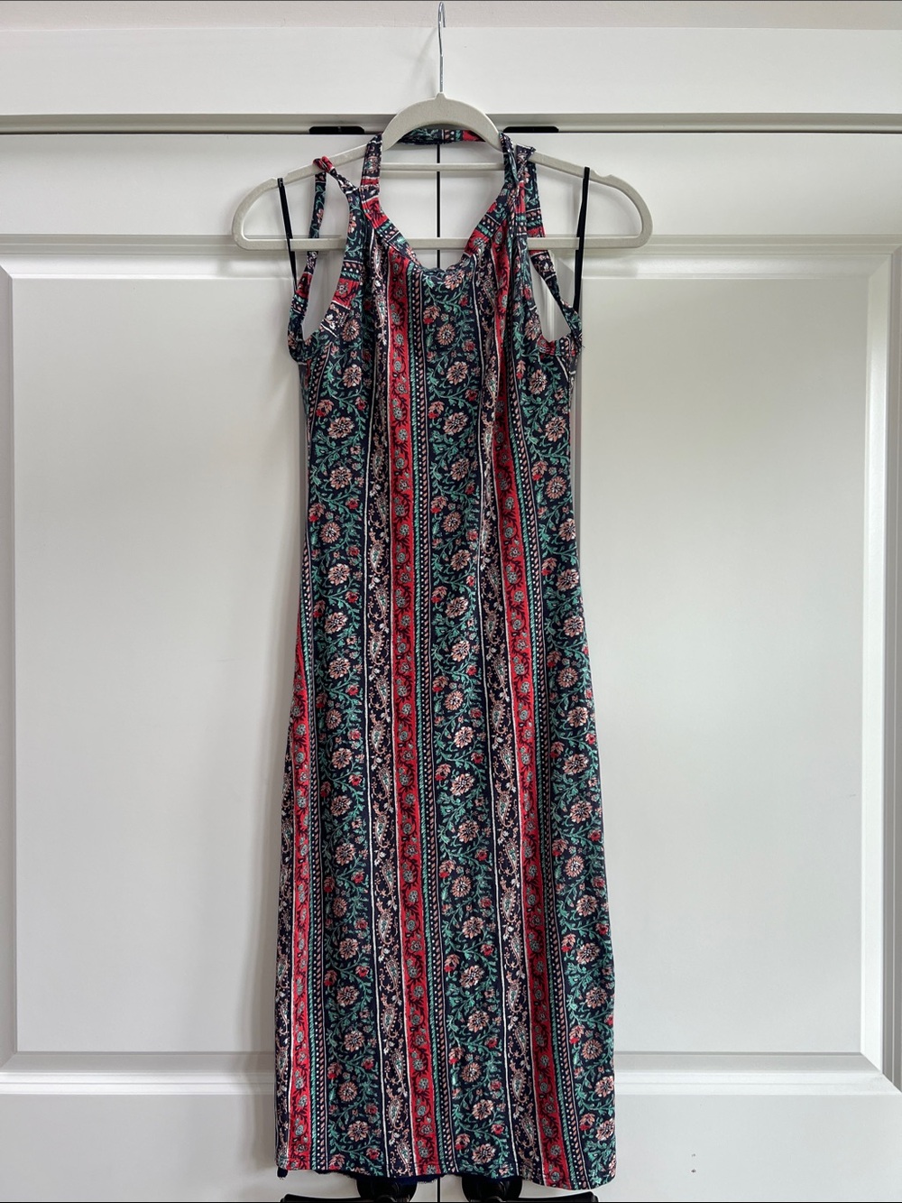 Lulu's Teal and Red Floral Stripe Halter Maxi Dress